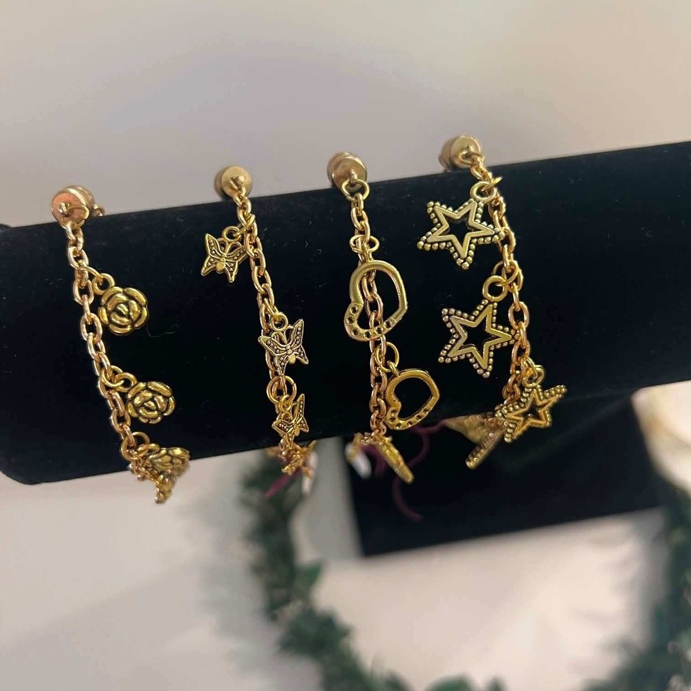 Gold Tone Charm Bracelets‎ Rose Butterfly Heart Star Link Jewelry Dainty Whimsy